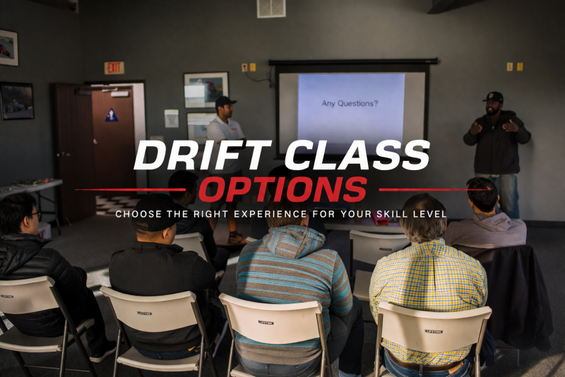 Graphic showing Bay Area Drifting School’s drift class options including beginner, intermediate, and advanced levels